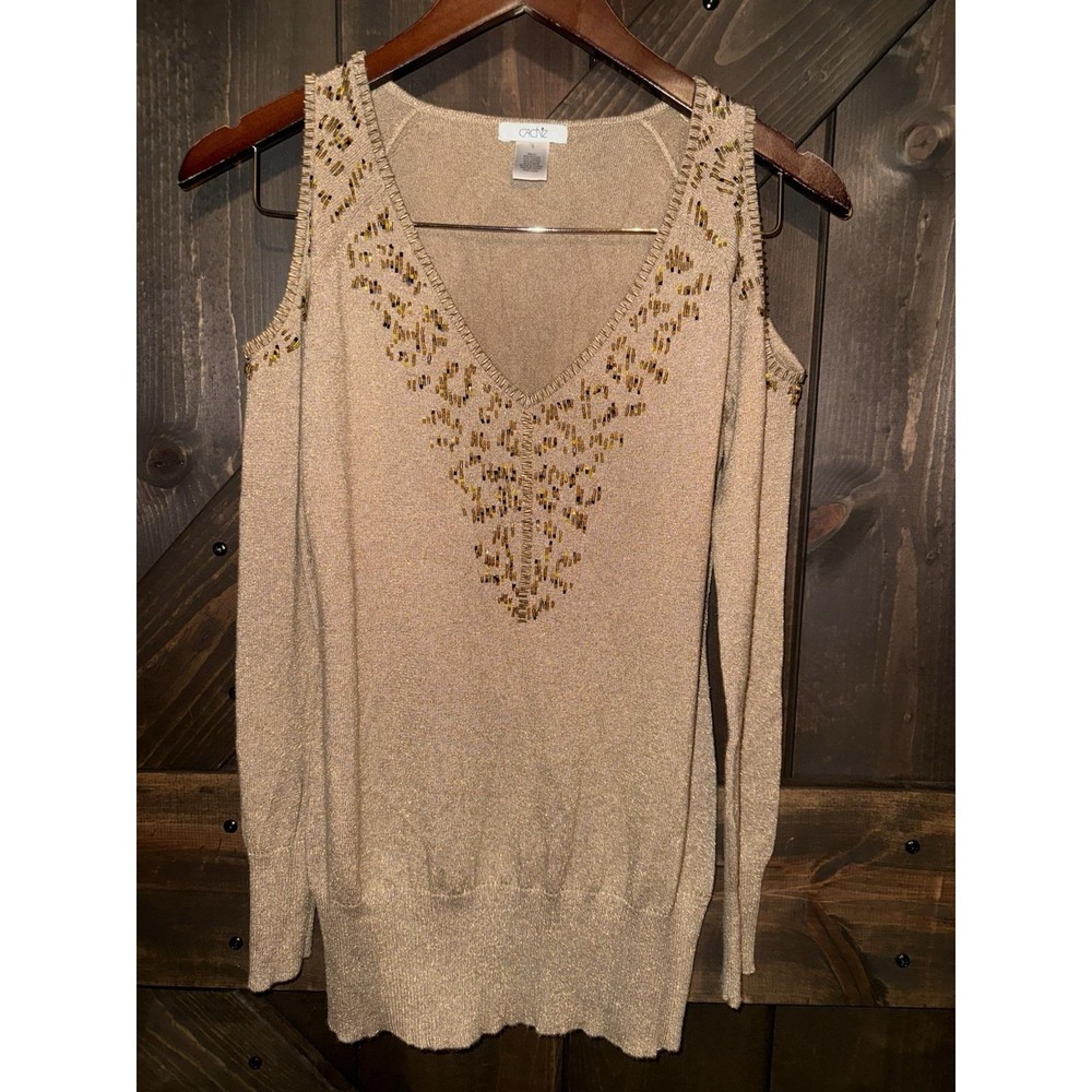 Y2K Cache Women's Sz S Sweater Gold Metallic Glitter‎ Beaded Brown Cold Shoulder